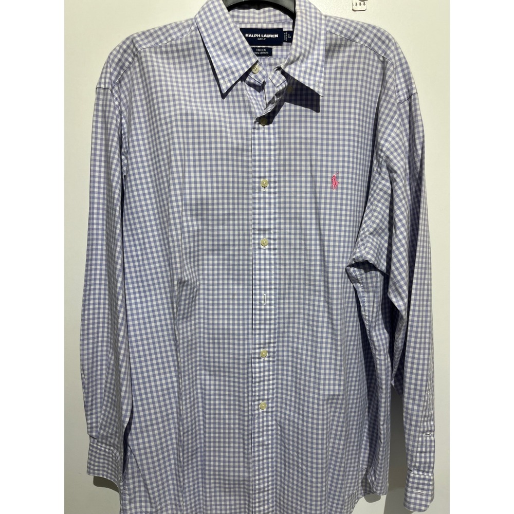 Ralph Lauren Golf Tilden Shirt Mens L Lavender Gingham Check Cotton Pink Pony